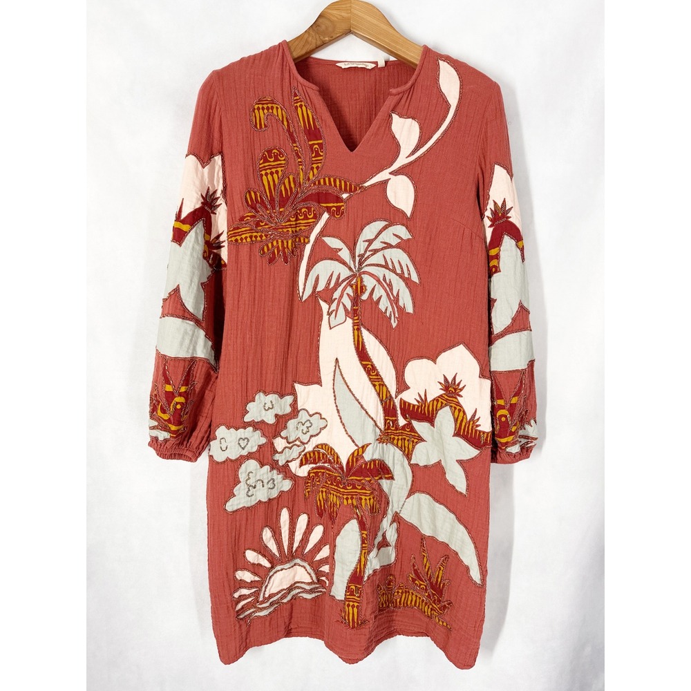 Soft Surroundings Long Sleeve Beaded Tropical Terracotta Gauze Dress Size Medium